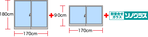 引き違い窓　全体幅170ｃｍ×高さ90ｃｍ×１窓（ガラス幅80ｃｍ×ガラス高さ80ｃｍが２枚）を、ソノグラス透明３＋中間膜＋透明３ に交換する場合